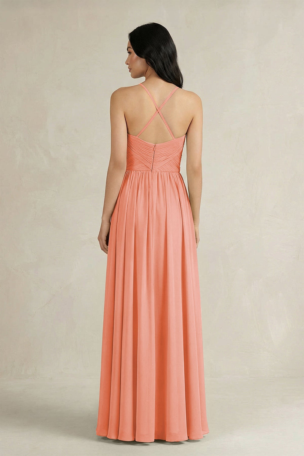 A - Line Pleated Spaghetti Strap Chiffon Bridesmaid Dress in Rosette - KissProm Bridesmaid Dresses