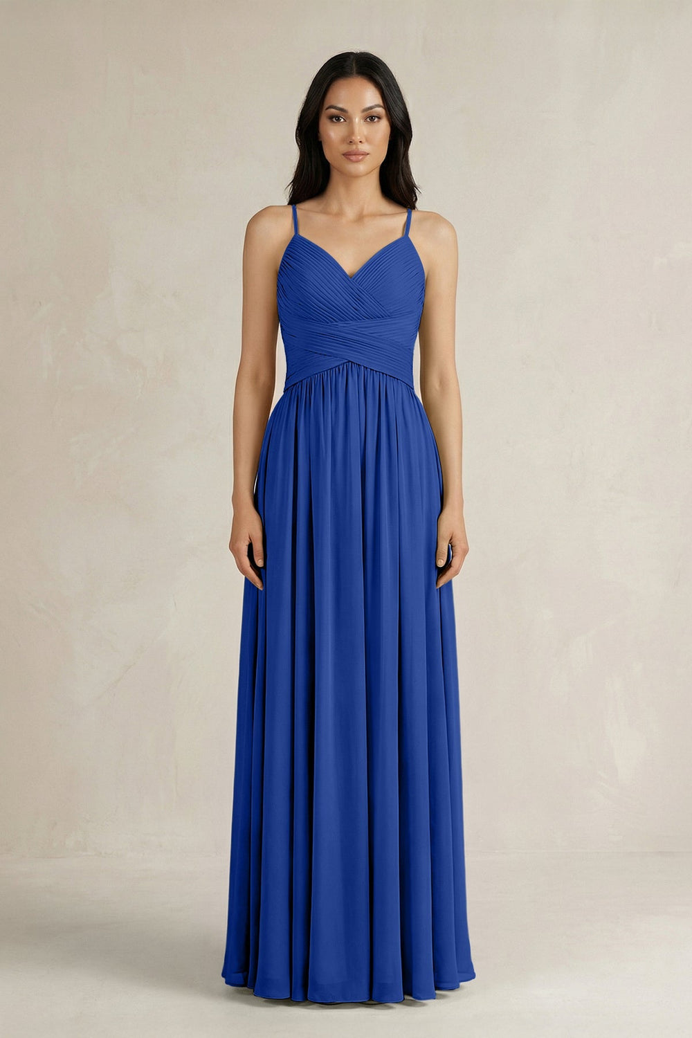 A - Line Pleated Spaghetti Strap Chiffon Bridesmaid Dress in Royal Blue - KissProm Bridesmaid Dresses