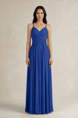 A - Line Pleated Spaghetti Strap Chiffon Bridesmaid Dress in Royal Blue - KissProm Bridesmaid Dresses