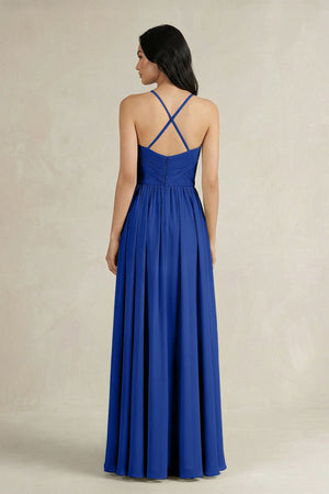 A - Line Pleated Spaghetti Strap Chiffon Bridesmaid Dress in Royal Blue - KissProm Bridesmaid Dresses