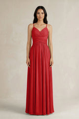 A - Line Pleated Spaghetti Strap Chiffon Bridesmaid Dress in Ruby Red - KissProm Bridesmaid Dresses