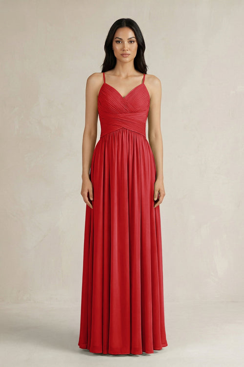 A - Line Pleated Spaghetti Strap Chiffon Bridesmaid Dress in Ruby Red - KissProm Bridesmaid Dresses
