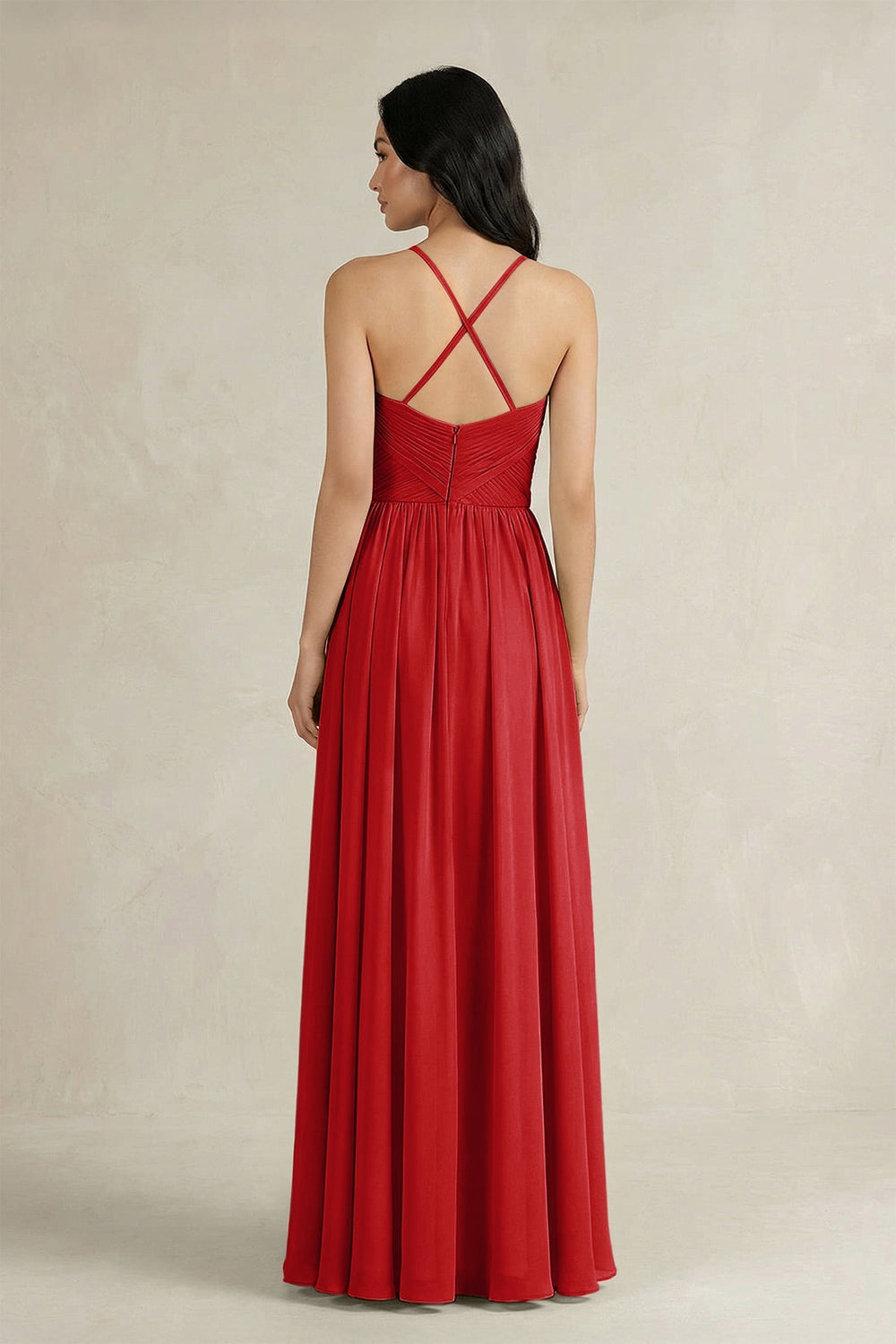 A - Line Pleated Spaghetti Strap Chiffon Bridesmaid Dress in Ruby Red - KissProm Bridesmaid Dresses