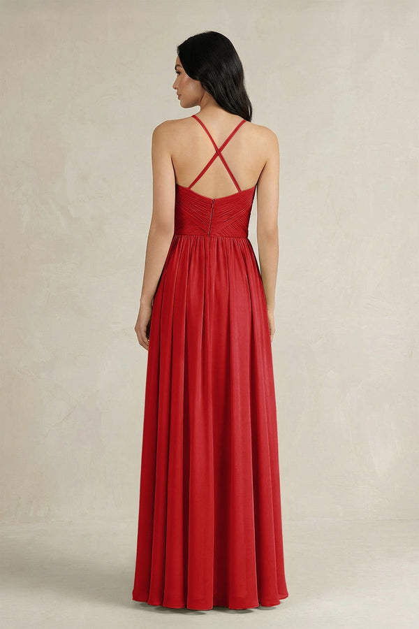 A - Line Pleated Spaghetti Strap Chiffon Bridesmaid Dress in Ruby Red - KissProm Bridesmaid Dresses