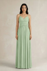 A - Line Pleated Spaghetti Strap Chiffon Bridesmaid Dress in Sage - KissProm Bridesmaid Dresses