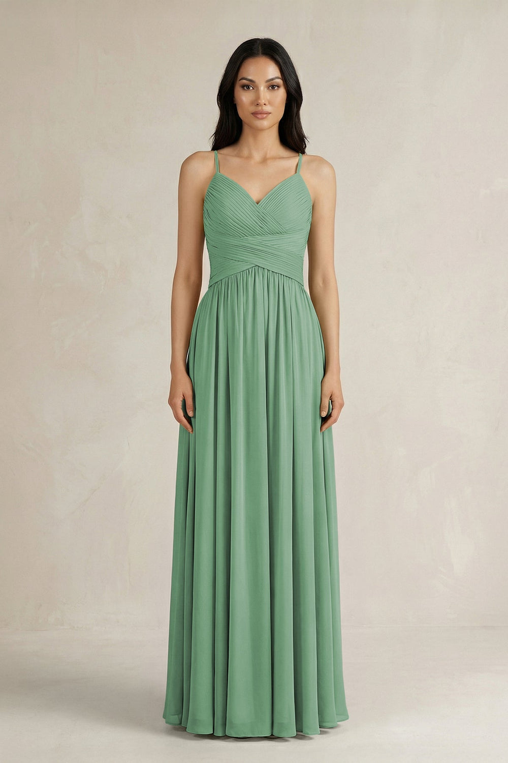 A - Line Pleated Spaghetti Strap Chiffon Bridesmaid Dress in Sea Glass - KissProm Bridesmaid Dresses