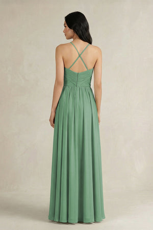 A - Line Pleated Spaghetti Strap Chiffon Bridesmaid Dress in Sea Glass - KissProm Bridesmaid Dresses
