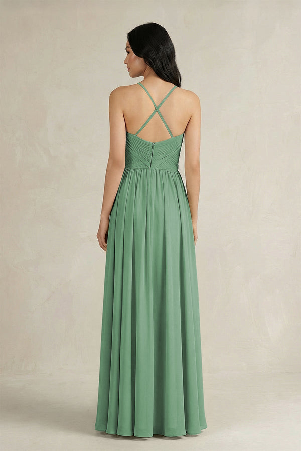 A - Line Pleated Spaghetti Strap Chiffon Bridesmaid Dress in Sea Glass - KissProm Bridesmaid Dresses