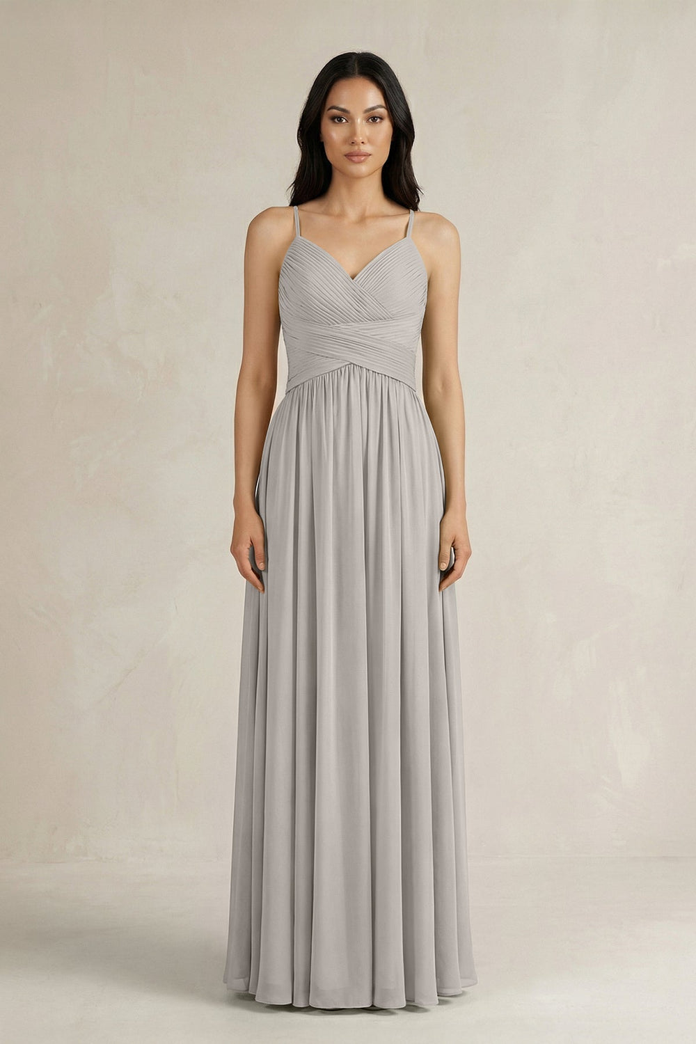 A - Line Pleated Spaghetti Strap Chiffon Bridesmaid Dress in Silver - KissProm Bridesmaid Dresses