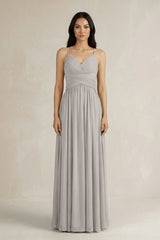 A - Line Pleated Spaghetti Strap Chiffon Bridesmaid Dress in Silver - KissProm Bridesmaid Dresses