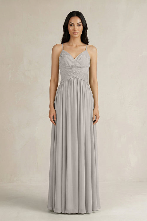 A - Line Pleated Spaghetti Strap Chiffon Bridesmaid Dress in Silver - KissProm Bridesmaid Dresses