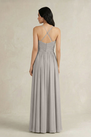 A - Line Pleated Spaghetti Strap Chiffon Bridesmaid Dress in Silver - KissProm Bridesmaid Dresses