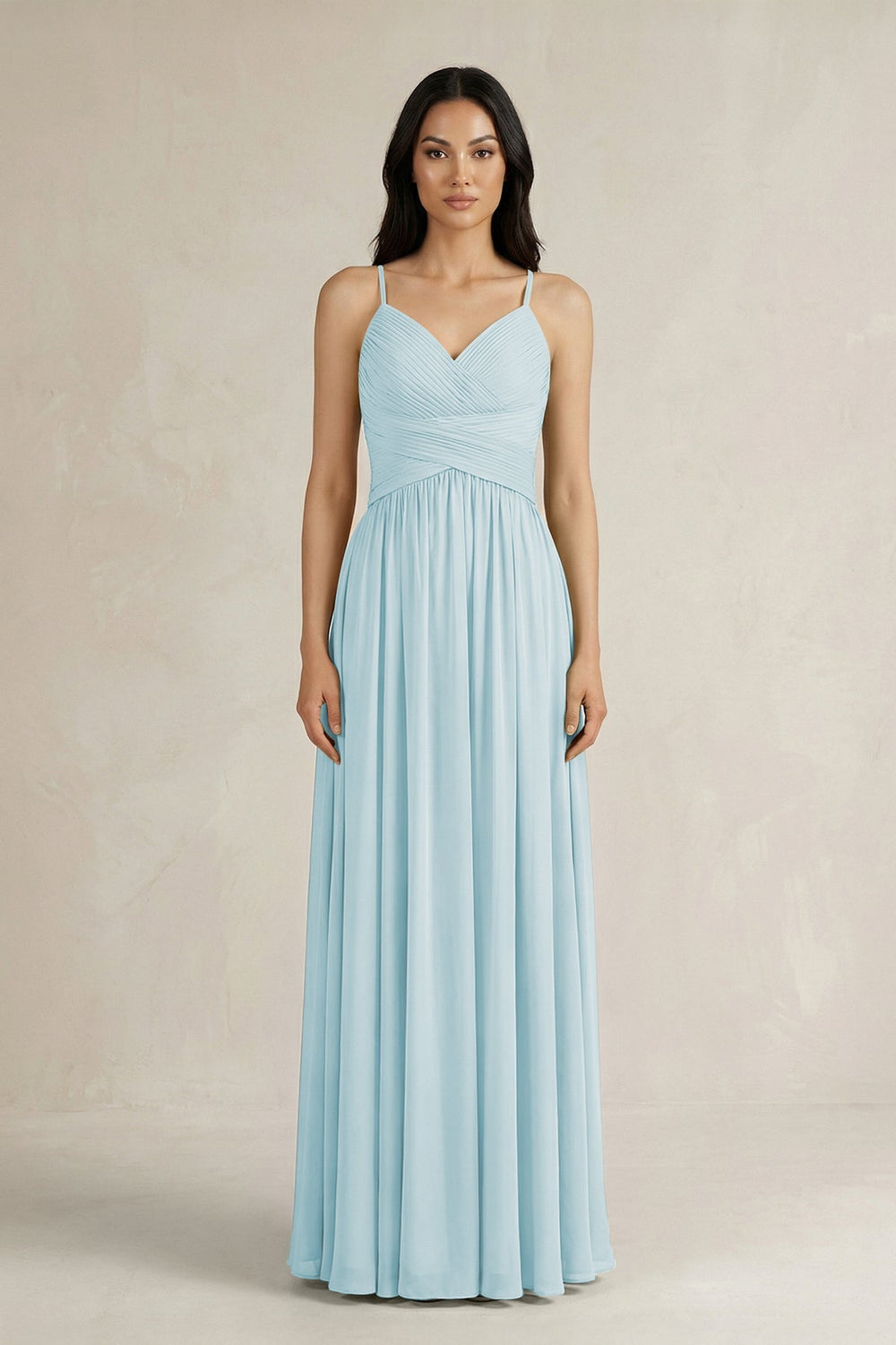 A - Line Pleated Spaghetti Strap Chiffon Bridesmaid Dress in Sky Blue - KissProm Bridesmaid Dresses