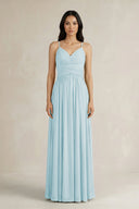 A - Line Pleated Spaghetti Strap Chiffon Bridesmaid Dress in Sky Blue - KissProm Bridesmaid Dresses