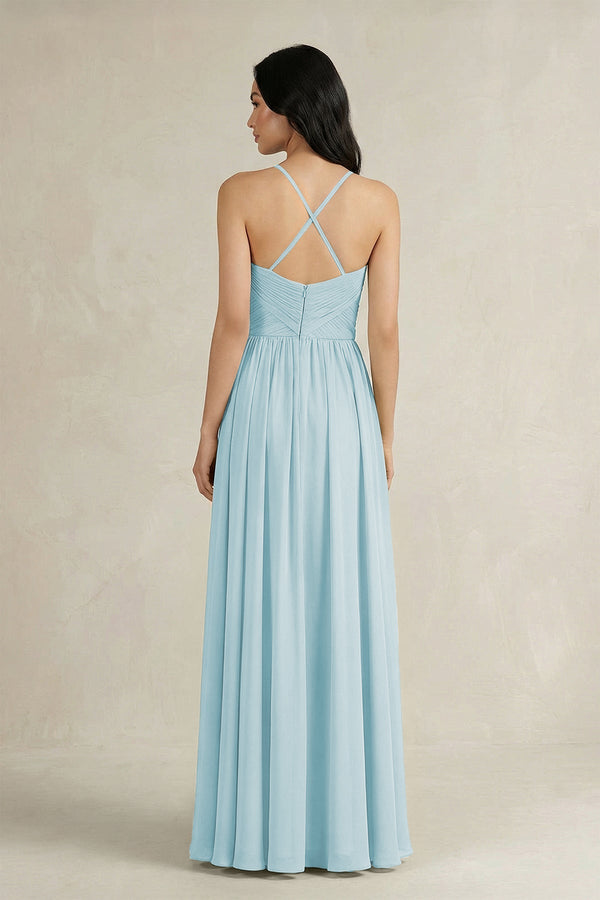 A - Line Pleated Spaghetti Strap Chiffon Bridesmaid Dress in Sky Blue - KissProm Bridesmaid Dresses