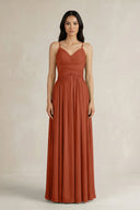 A - Line Pleated Spaghetti Strap Chiffon Bridesmaid Dress in Spice - KissProm Bridesmaid Dresses