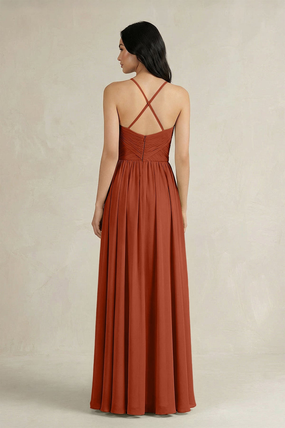 A - Line Pleated Spaghetti Strap Chiffon Bridesmaid Dress in Spice - KissProm Bridesmaid Dresses