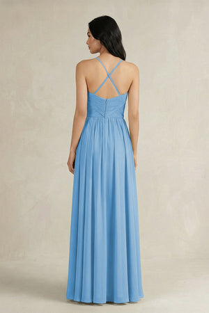 A - Line Pleated Spaghetti Strap Chiffon Bridesmaid Dress in Steel Blue - KissProm Bridesmaid Dresses