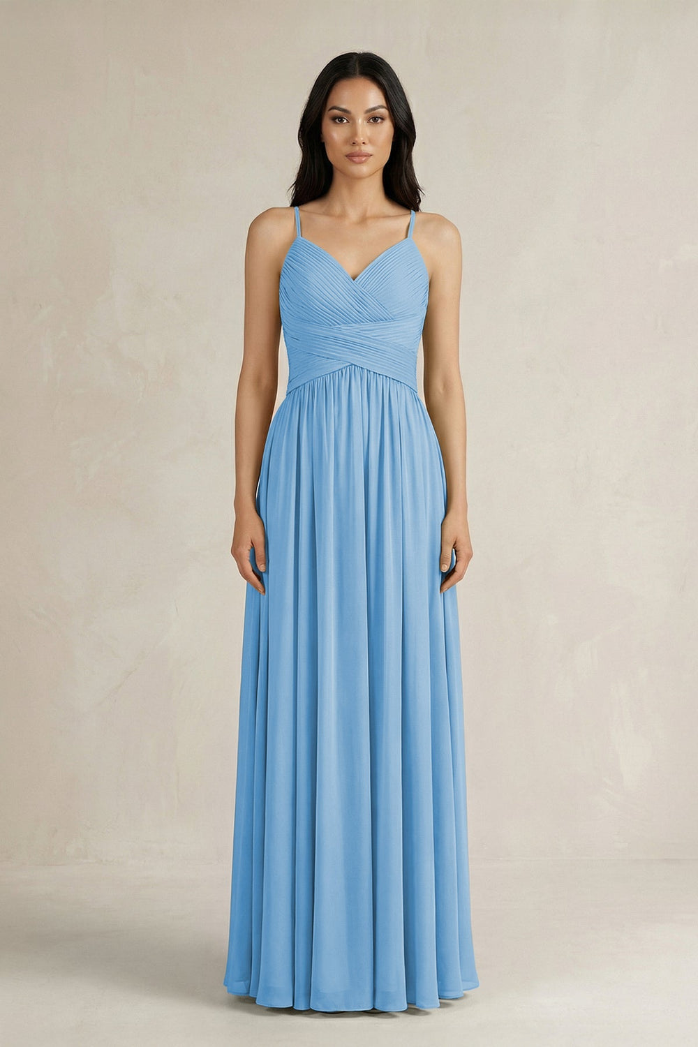 A - Line Pleated Spaghetti Strap Chiffon Bridesmaid Dress in Steel Blue - KissProm Bridesmaid Dresses