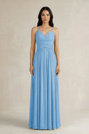 A - Line Pleated Spaghetti Strap Chiffon Bridesmaid Dress in Steel Blue - KissProm Bridesmaid Dresses
