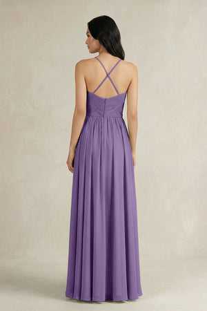 A - Line Pleated Spaghetti Strap Chiffon Bridesmaid Dress in Tahiti - KissProm Bridesmaid Dresses