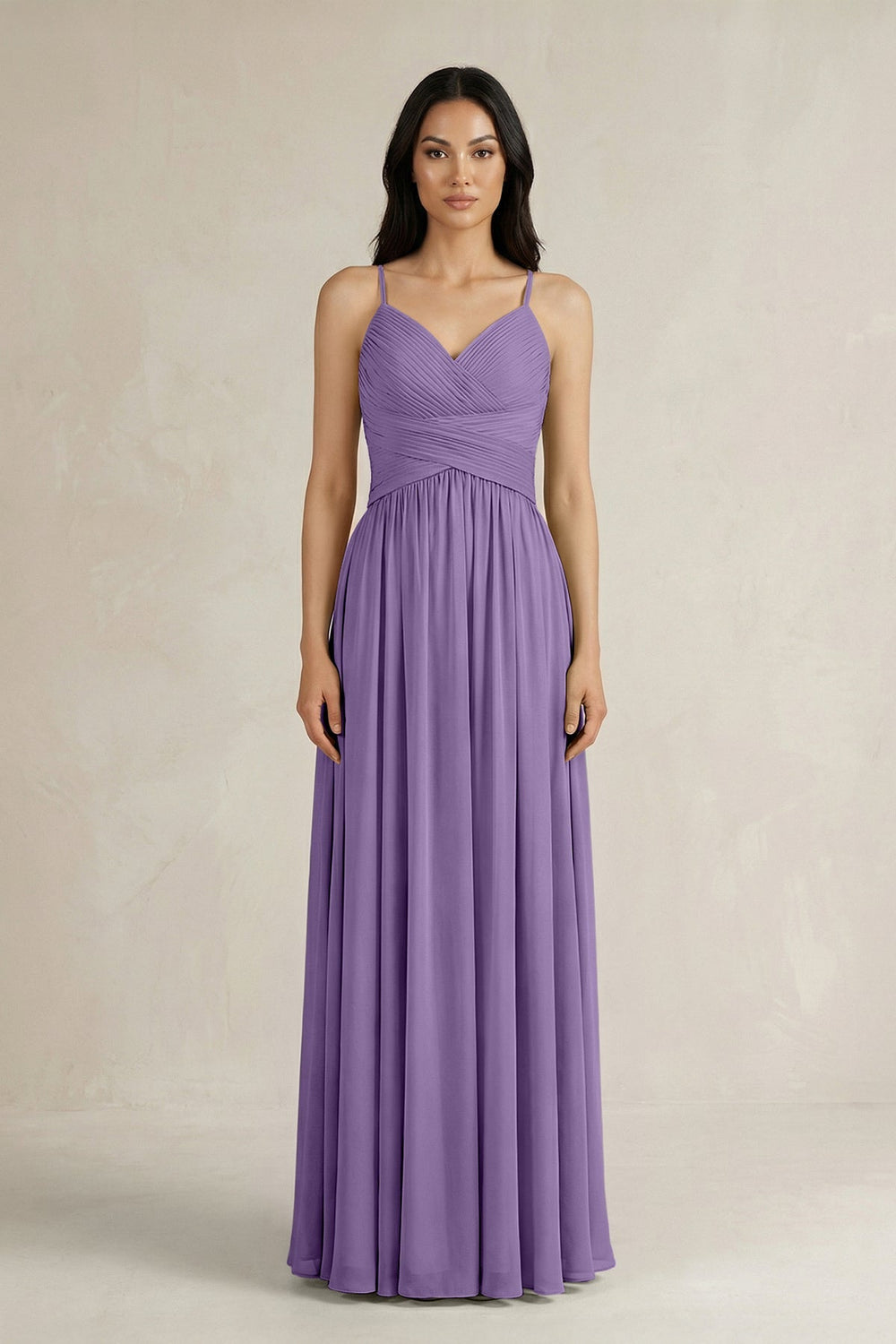 A - Line Pleated Spaghetti Strap Chiffon Bridesmaid Dress in Tahiti - KissProm Bridesmaid Dresses