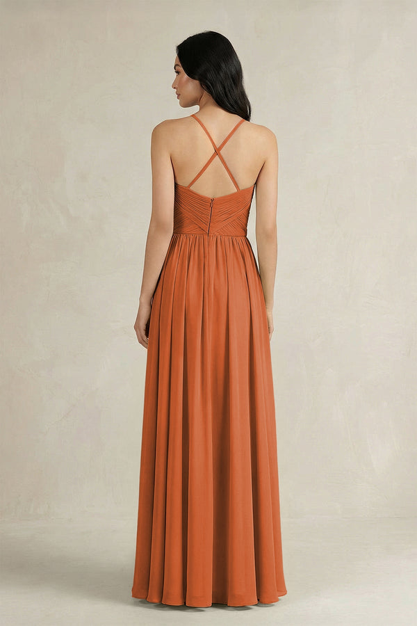 A - Line Pleated Spaghetti Strap Chiffon Bridesmaid Dress in Terracotta - KissProm Bridesmaid Dresses