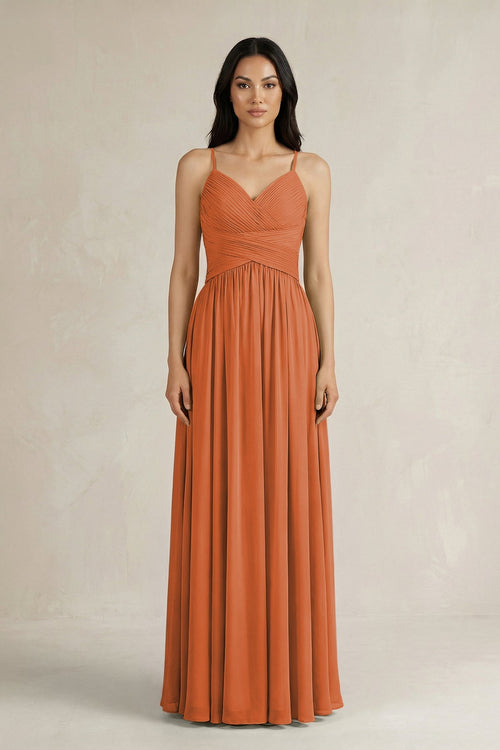 A - Line Pleated Spaghetti Strap Chiffon Bridesmaid Dress in Terracotta - KissProm Bridesmaid Dresses