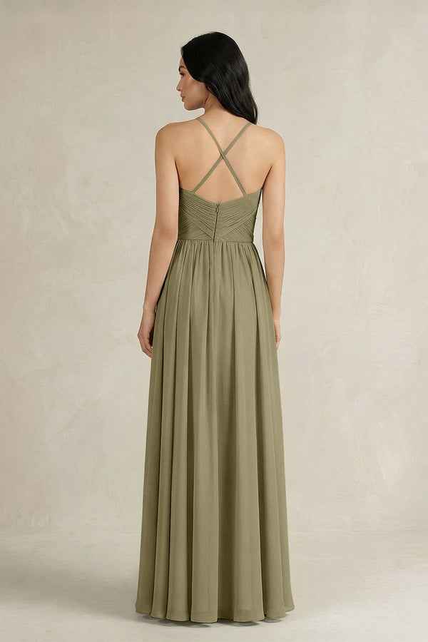 A - Line Pleated Spaghetti Strap Chiffon Bridesmaid Dress in Thyme - KissProm Bridesmaid Dresses