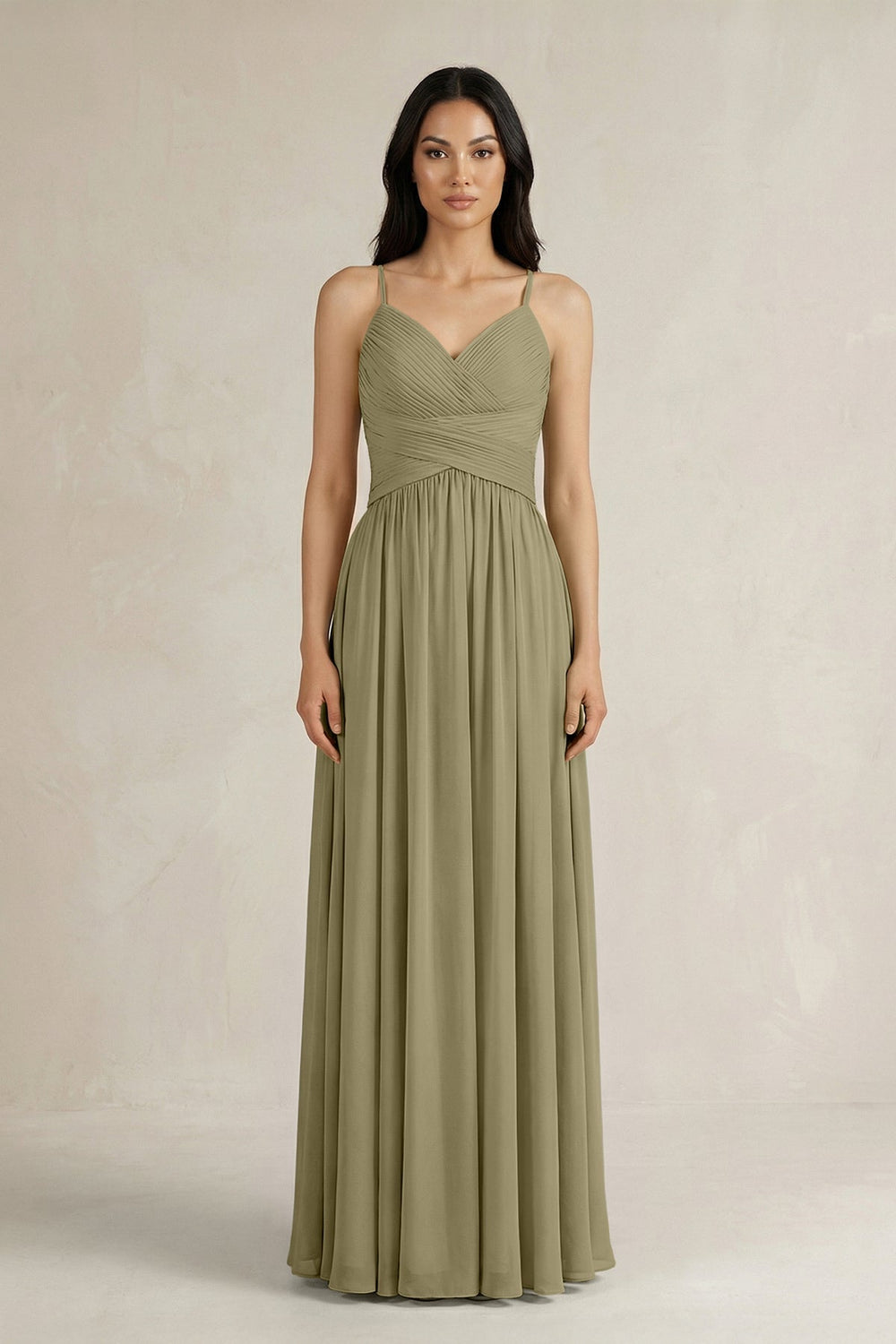 A - Line Pleated Spaghetti Strap Chiffon Bridesmaid Dress in Thyme - KissProm Bridesmaid Dresses