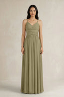 A - Line Pleated Spaghetti Strap Chiffon Bridesmaid Dress in Thyme - KissProm Bridesmaid Dresses