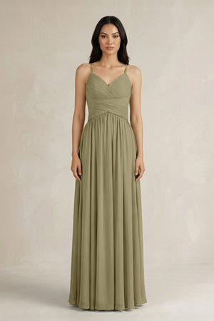 A - Line Pleated Spaghetti Strap Chiffon Bridesmaid Dress in Thyme - KissProm Bridesmaid Dresses