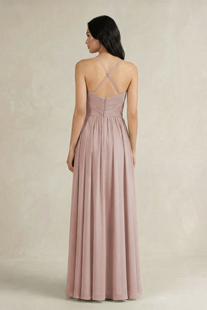 A - Line Pleated Spaghetti Strap Chiffon Bridesmaid Dress in Toffee - KissProm Bridesmaid Dresses