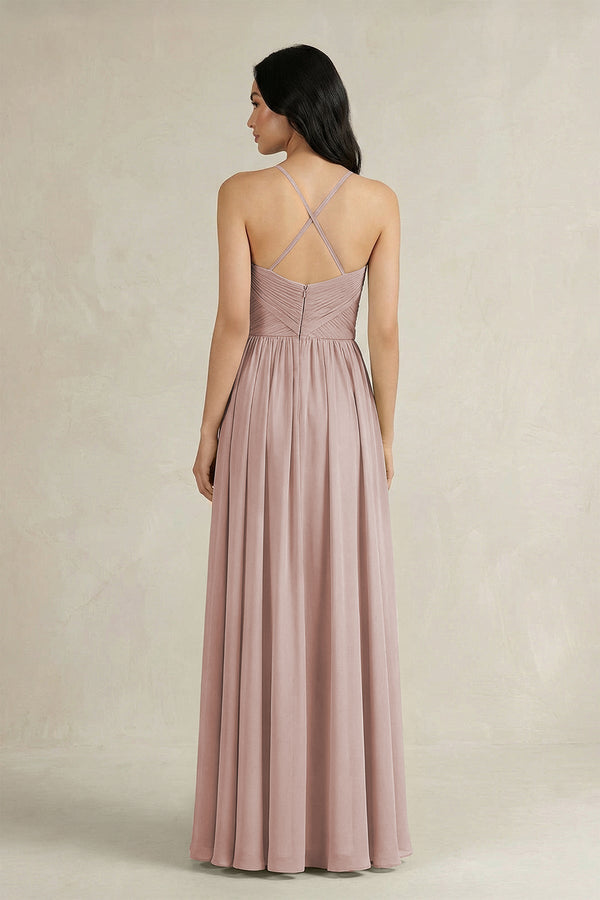 A - Line Pleated Spaghetti Strap Chiffon Bridesmaid Dress in Toffee - KissProm Bridesmaid Dresses