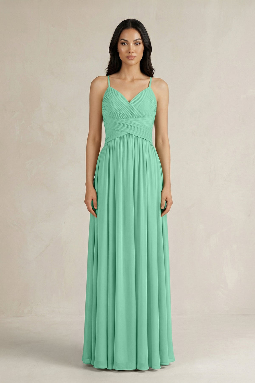A - Line Pleated Spaghetti Strap Chiffon Bridesmaid Dress in Turquoise - KissProm Bridesmaid Dresses