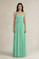 A - Line Pleated Spaghetti Strap Chiffon Bridesmaid Dress in Turquoise - KissProm Bridesmaid Dresses