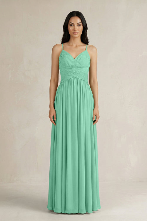 A - Line Pleated Spaghetti Strap Chiffon Bridesmaid Dress in Turquoise - KissProm Bridesmaid Dresses