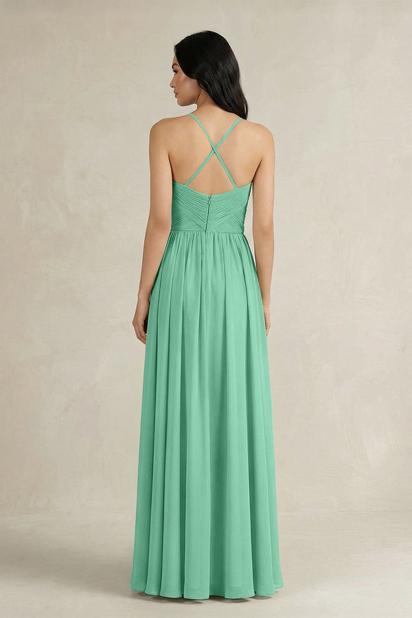 A - Line Pleated Spaghetti Strap Chiffon Bridesmaid Dress in Turquoise - KissProm Bridesmaid Dresses