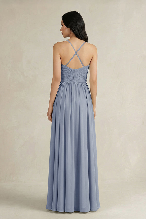 A - Line Pleated Spaghetti Strap Chiffon Bridesmaid Dress in Twilight - KissProm Bridesmaid Dresses