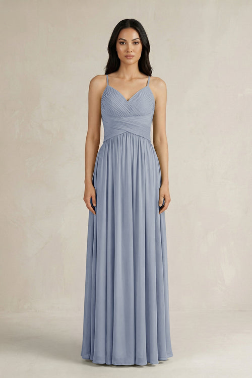 A - Line Pleated Spaghetti Strap Chiffon Bridesmaid Dress in Twilight - KissProm Bridesmaid Dresses