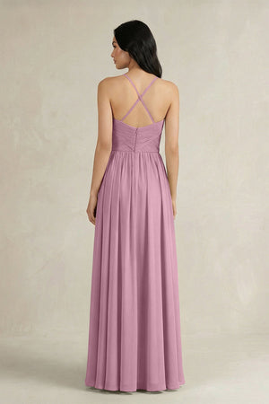 A - Line Pleated Spaghetti Strap Chiffon Bridesmaid Dress in Vintage Mauve - KissProm Bridesmaid Dresses