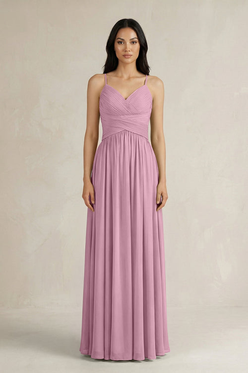 A - Line Pleated Spaghetti Strap Chiffon Bridesmaid Dress in Vintage Mauve - KissProm Bridesmaid Dresses