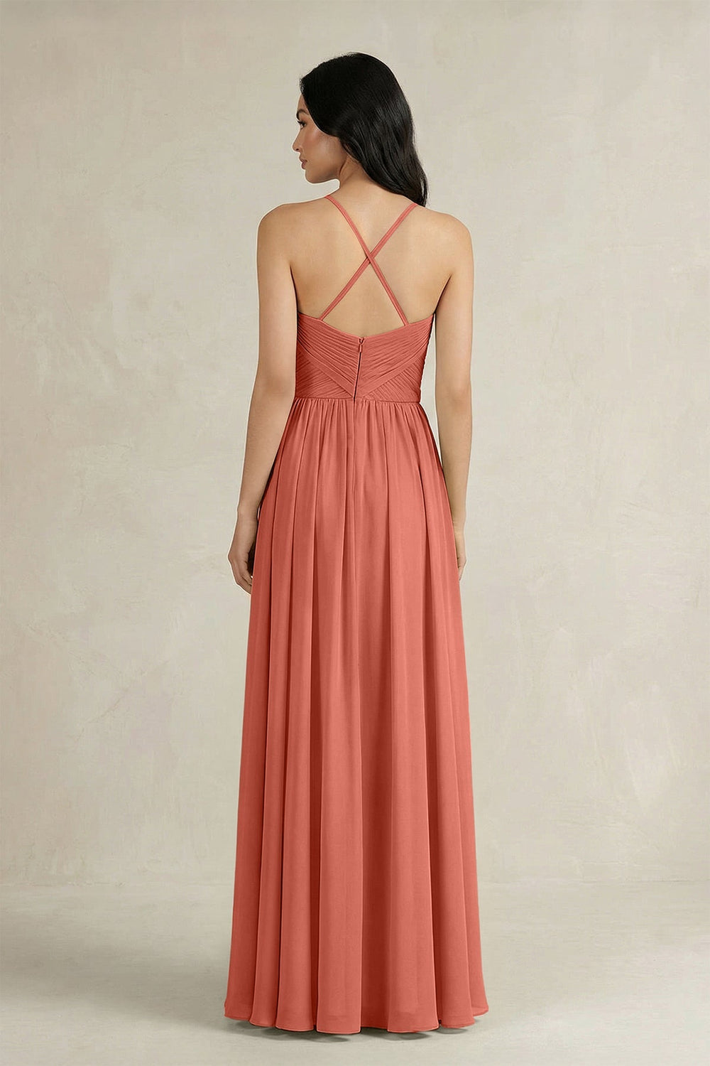 A - Line Pleated Spaghetti Strap Chiffon Bridesmaid Dress in Wild Rose - KissProm Bridesmaid Dresses