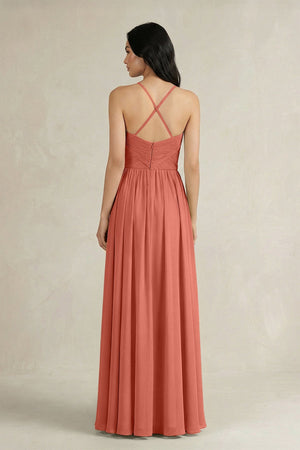 A - Line Pleated Spaghetti Strap Chiffon Bridesmaid Dress in Wild Rose - KissProm Bridesmaid Dresses