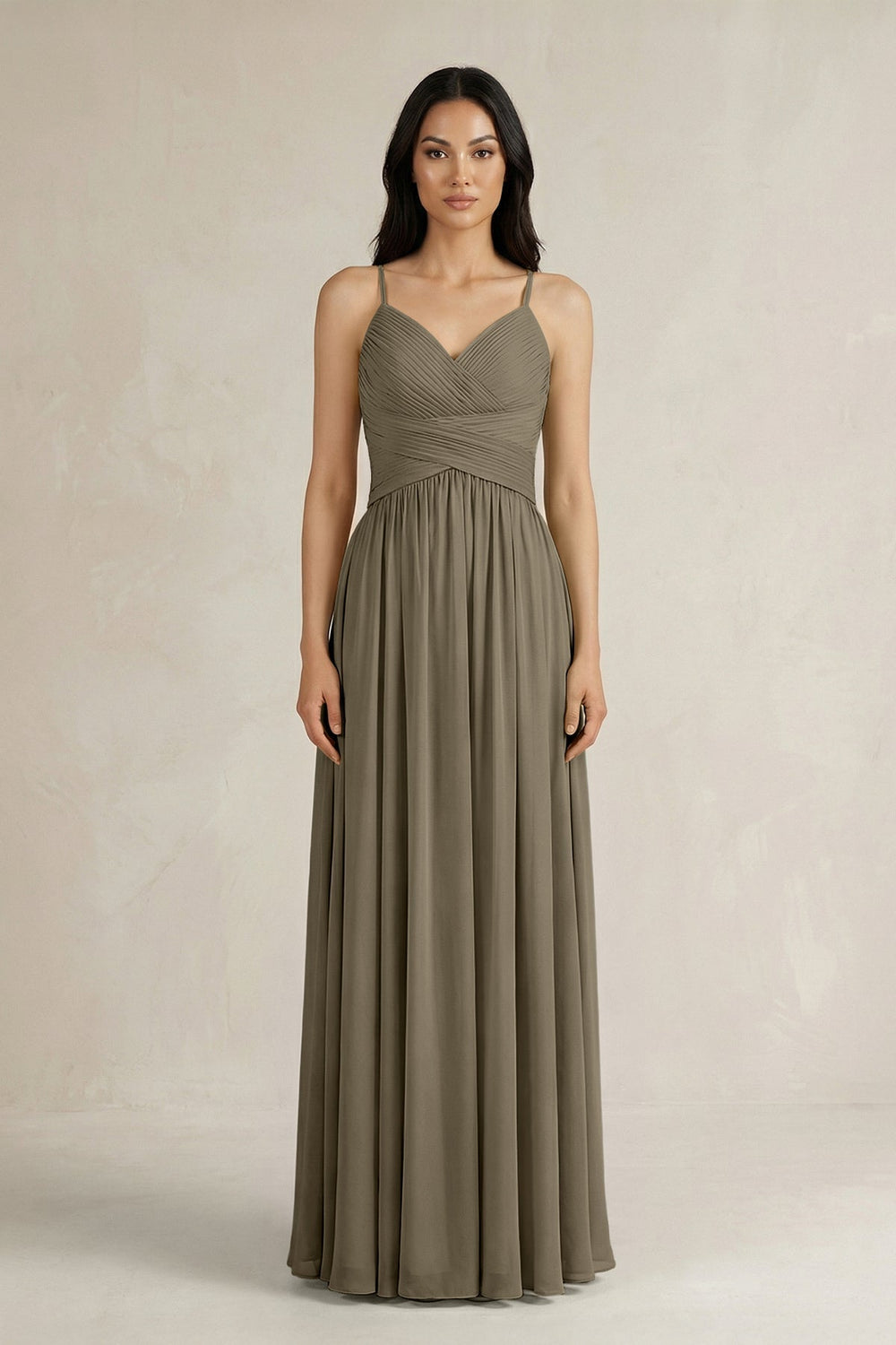 A - Line Pleated Spaghetti Strap Chiffon Bridesmaid Dress in Willow Green - KissProm Bridesmaid Dresses