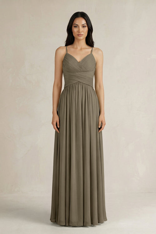A - Line Pleated Spaghetti Strap Chiffon Bridesmaid Dress in Willow Green - KissProm Bridesmaid Dresses