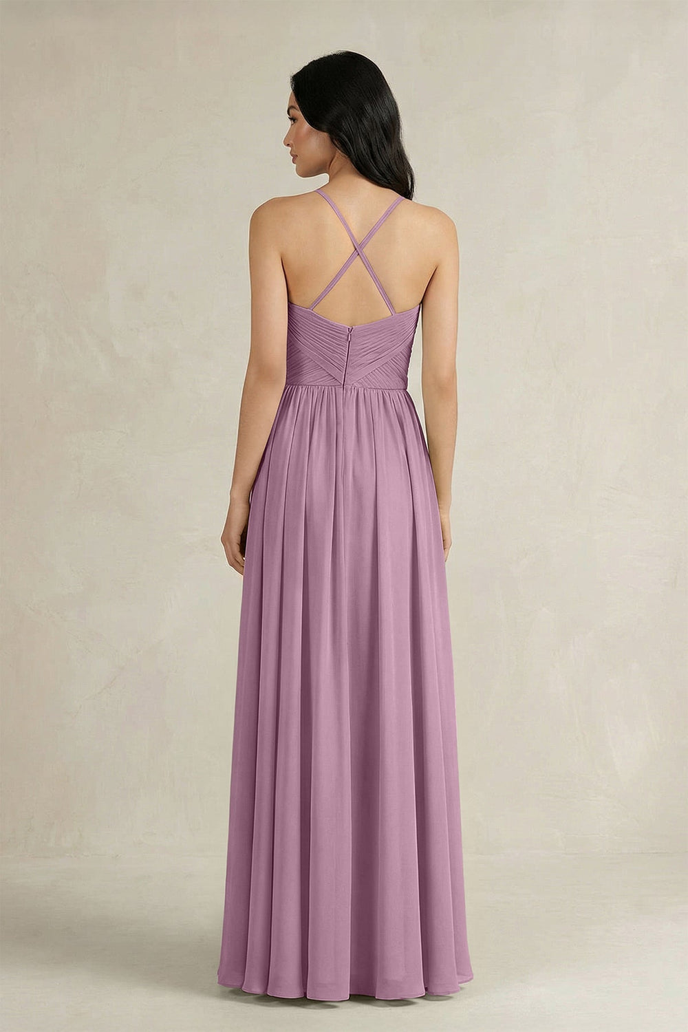 A - Line Pleated Spaghetti Strap Chiffon Bridesmaid Dress in Wisteria - KissProm Bridesmaid Dresses