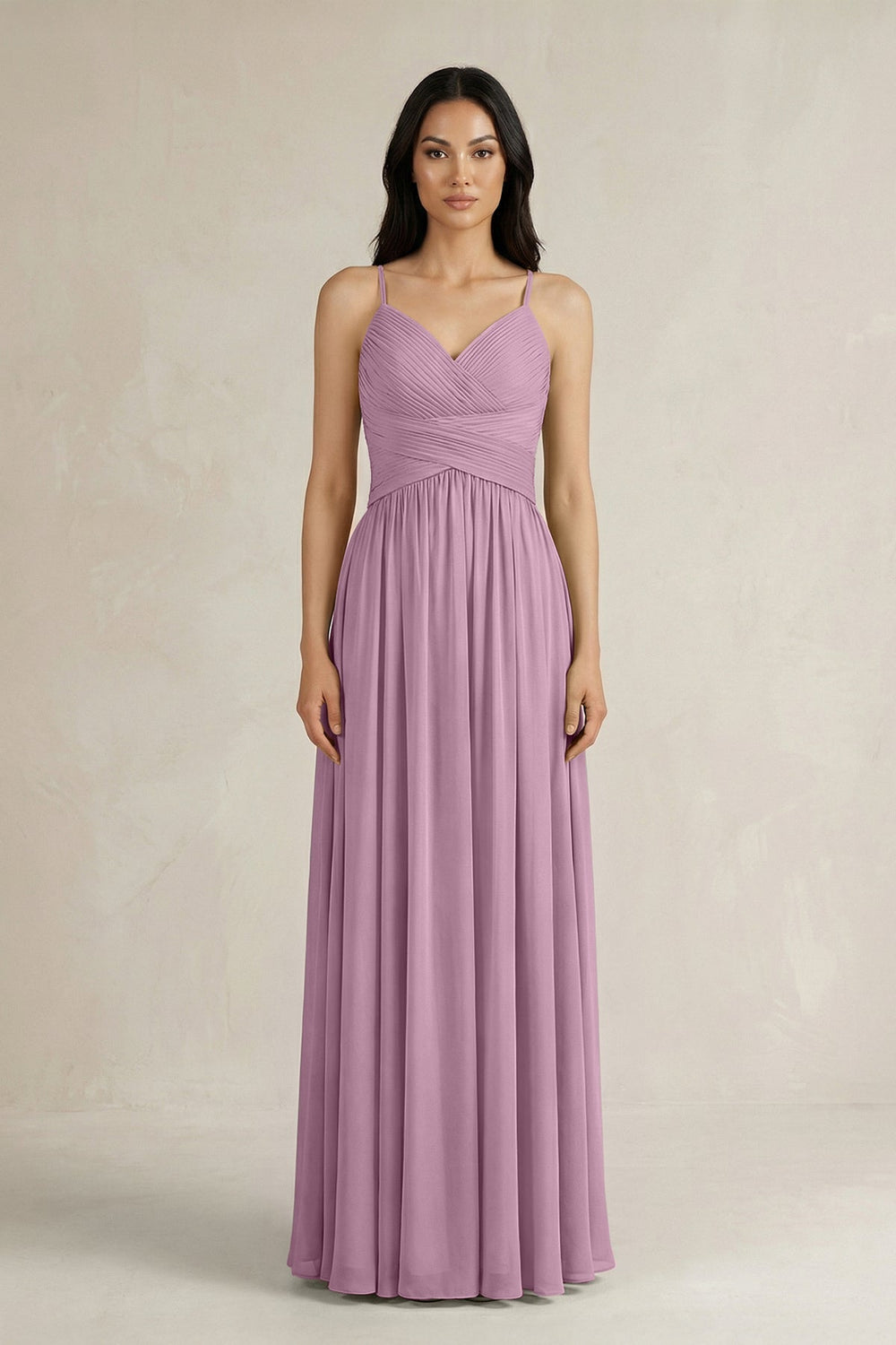 A - Line Pleated Spaghetti Strap Chiffon Bridesmaid Dress in Wisteria - KissProm Bridesmaid Dresses