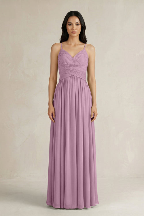 A - Line Pleated Spaghetti Strap Chiffon Bridesmaid Dress in Wisteria - KissProm Bridesmaid Dresses