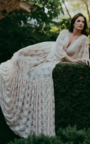 Elysia | A-Line Plunging Neckline Lace Wedding Dress With Open Back